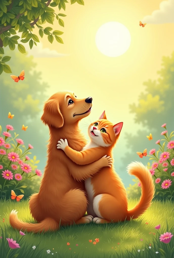 Cat and dog where both their tails make a heart by touching together