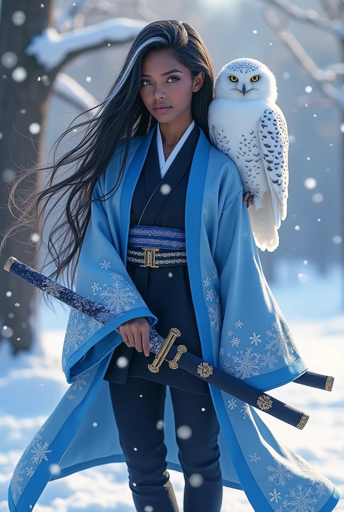 She is an African black girl with long black hair. She has a white spot of hair mixed with her black hair. She has heterochromia eyes, one eye is blue, the other eye is grey. She wears blue and white snowflake haori and a black uniform with blue sandals. She has a blue and white Kitana with a snow design on it. She also has a snow owl.