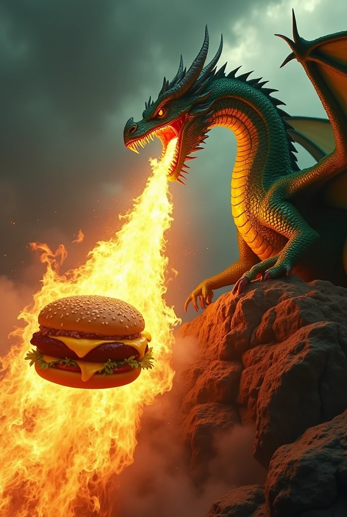 I need a dragon with its mouth open that looks real, I need him to be spitting a huge jet of flames coming out of his mouth. The plane is burning in a McDonald's style sandwich