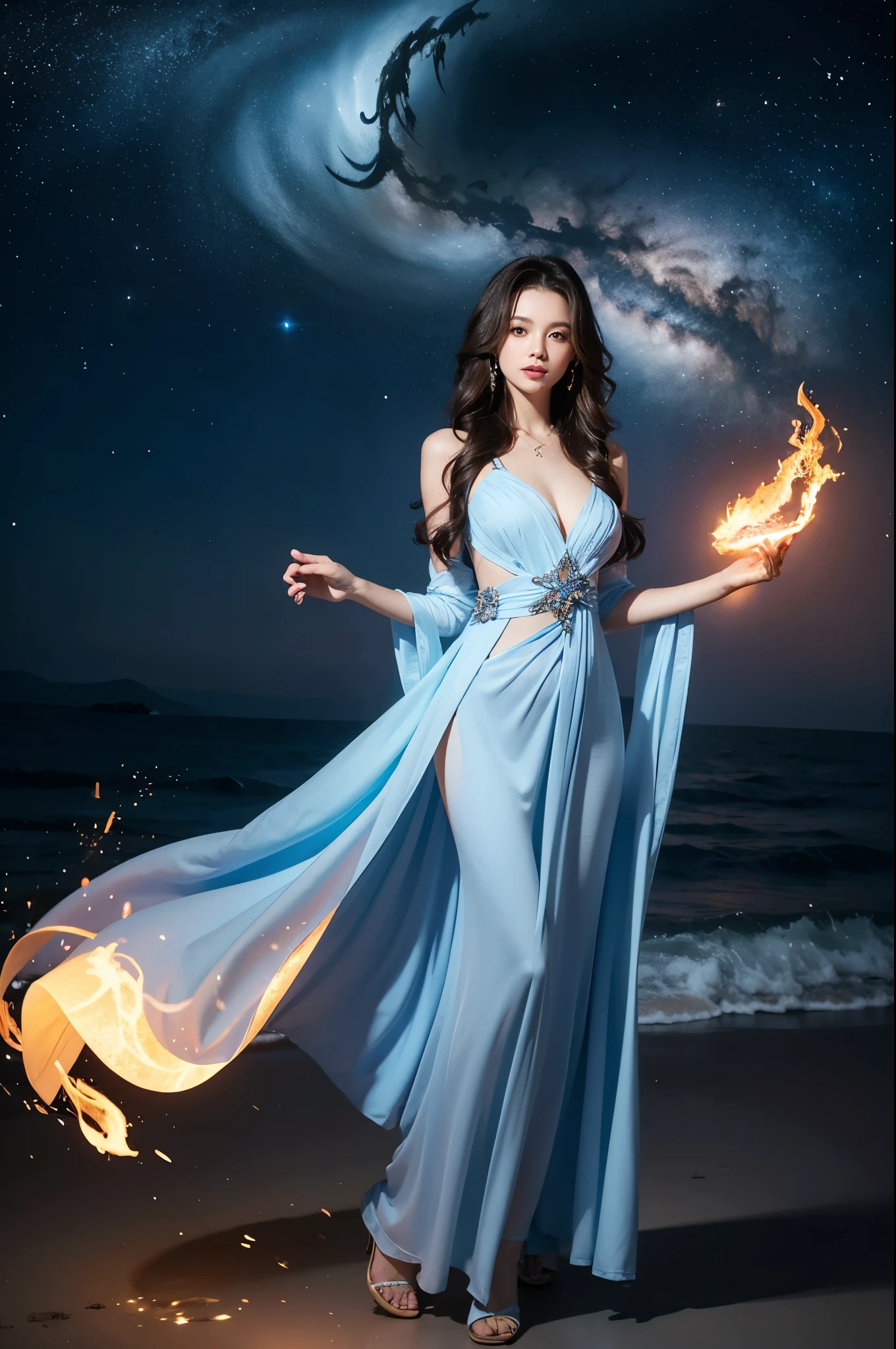 a woman in a long dress standing on a beach with a swirl of light, flowing magical robe, dress made of fire, swirling magical energy, fantasy woman, dramatic lighting fantasy, beautiful celestial mage, glowing with magic, fantasy gorgeous lighting, flowing robes, flowing dress, fantasy photoshoot, flowing gown, blue swirling dress, goddess of light, softly swirling magical energy