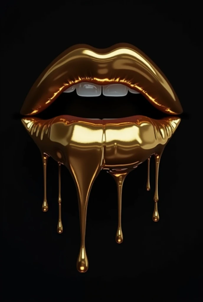 a close up of a gold lip with dripping liquid on it, Golden tooth, liquid gold, golden teeth, with Golden tooth, drip, gold dripping in spiral, draped in shiny golden oil, black gold ink dripping, glossy and drippy, dripping, dirty gold, gold paint, shiny gold, wet lips, inspired by Hedi Xandt, gilded with gold