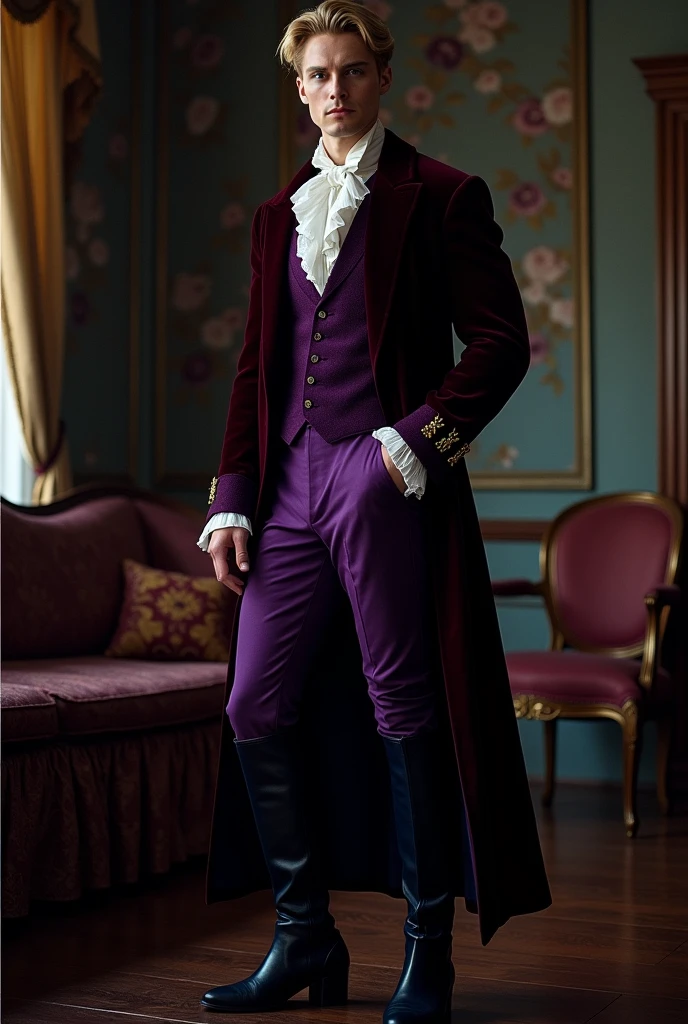 Pale and tall man, Appears to be 30-35 years old. It's been a long time (to the waist) With light blond hair with a golden tint, Thin gray-blue eyes with dark purple eyeshadow and noticeably high cheekbones. His clothes are in Victorian style, old, Long dark burgundy jacket with lavender lining and gold pins on the folded cuffs. Under his jacket he has a purple vest over a white ruffled shirt, Wearing classic purple trousers, In dark blue knee-high boots and gloves of the same color.