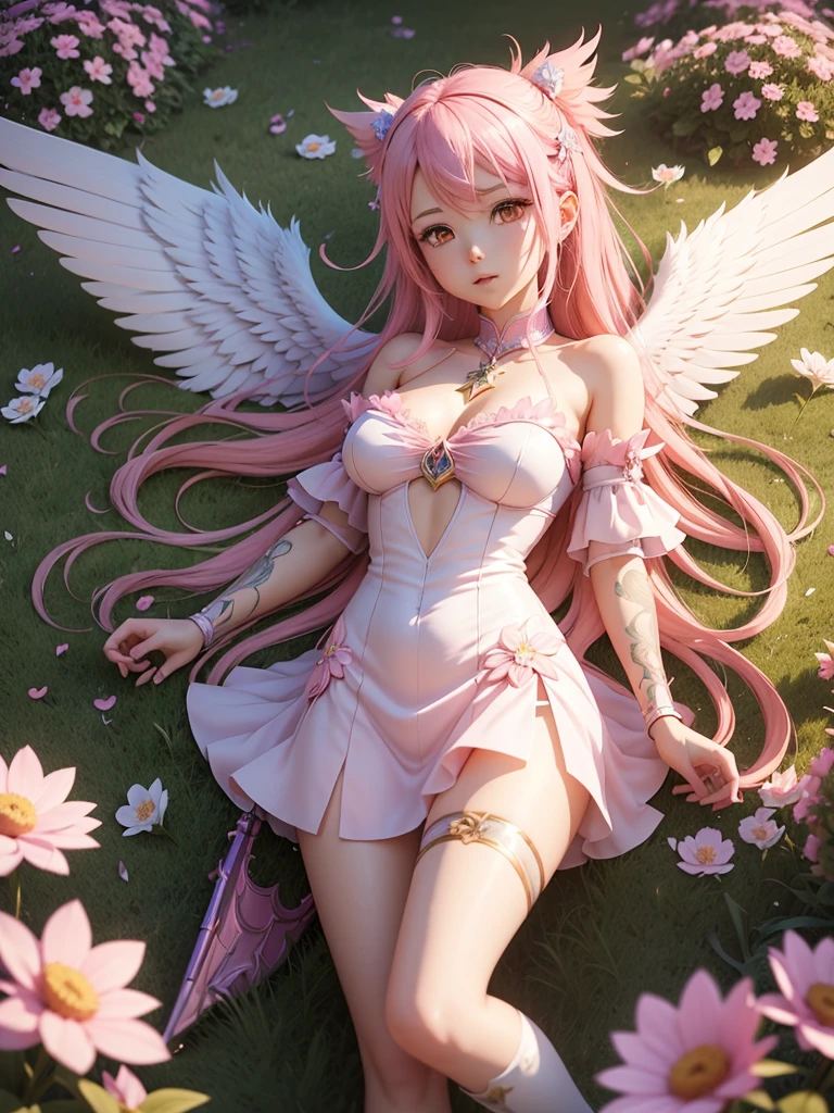 An anime-style girl with pink hair and wings is lying in a field of flowers., 3D Anime Real, Anime-style 3D, Beautiful angel girl, Realistic Anime 3D Style, render of a cute 3D Animation, Beautiful fantasy anime, 3D Animation, Cute and detailed digital art, 2. 5d cgi anime fantasy artwork, Anime very detailed
