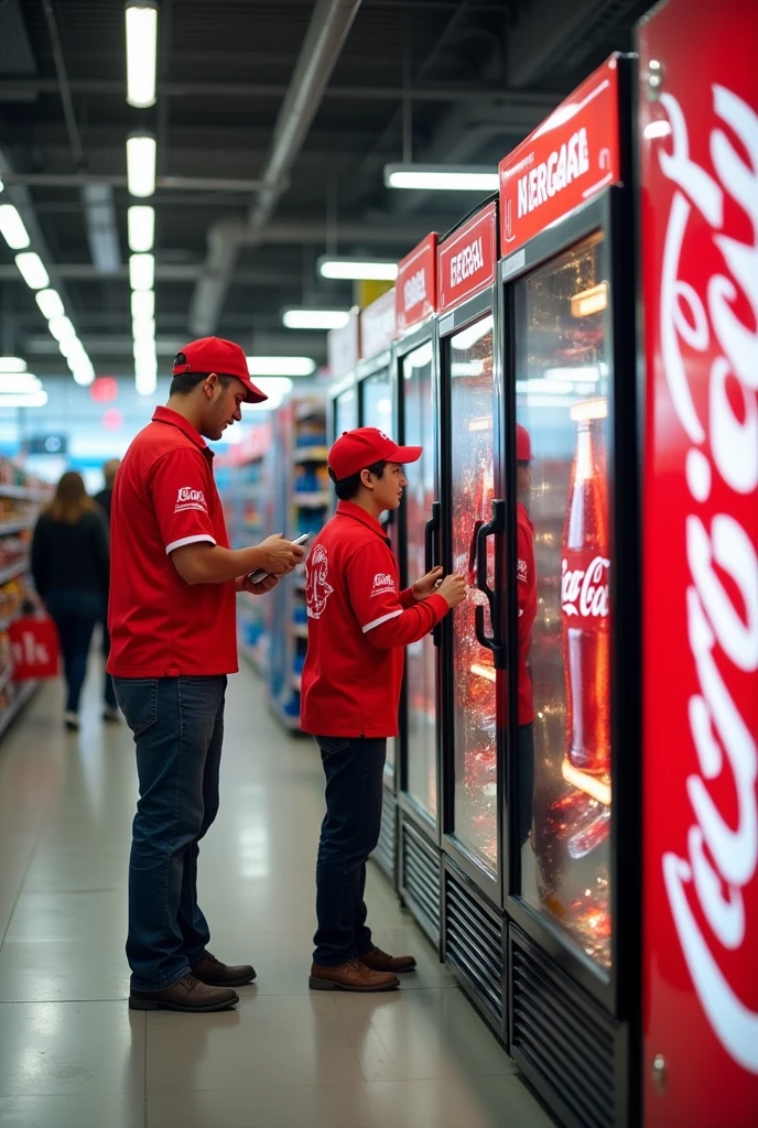 Man dressed in a uniform, red shirt from the ZEGESA advertising company, applying vinyl to cold equipment at Walmart with Coca-Cola advertising.