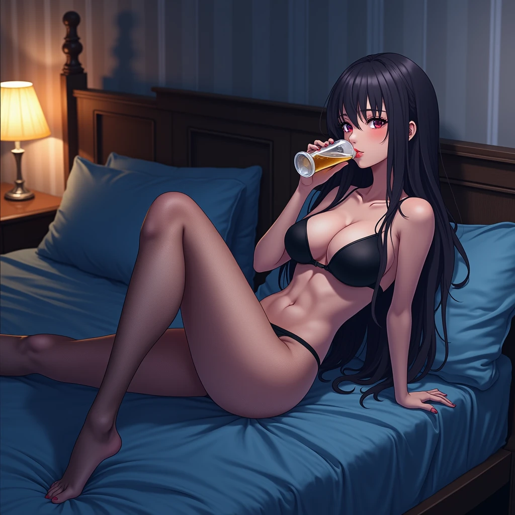 Sexy anime girl (naked) with sexy legs (she has fishnet stockings on her legs) (naked)big breasts ( ) and her hair is lying on the blue bed and sipping her beer and anime girl naked. 4k (realistic) Real realistic naked.NAKEDDDDDd and no bra she naked
