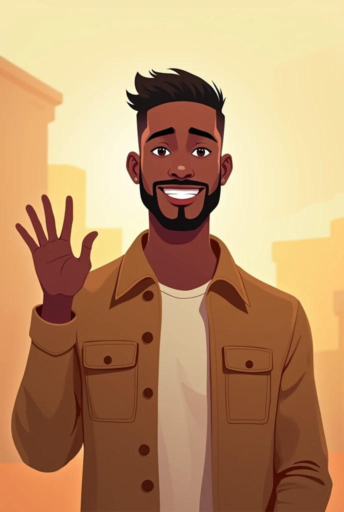 image style drawing of a tall brown-skinned man, short fade style hair, with a goatee, making a thank you gesture.