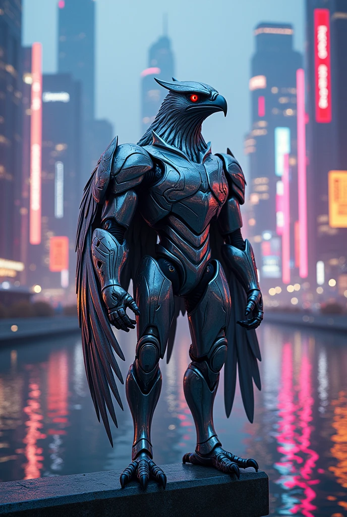 Humanoid Hawk in MegaMan X style, 4K, fully body,  metal feathers on the arms, fund, lake in a futuristic cyber punk city, cyber punk. armour.