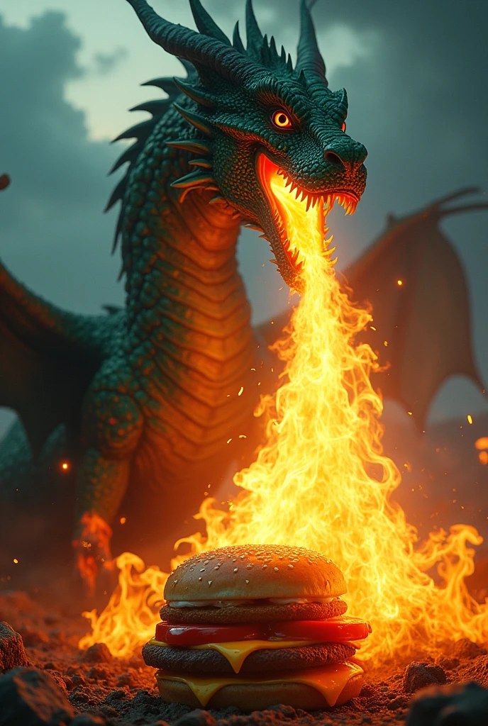 I need a dragon with its mouth open that looks real, I need him to be spitting a huge jet of flames coming out of his mouth. The plane is burning in a McDonald's style sandwich