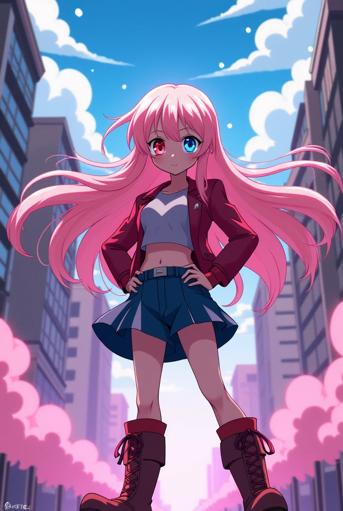 Boku no Hero style girl with long, light pink hair, blue left eye, and red right eye, Bullish