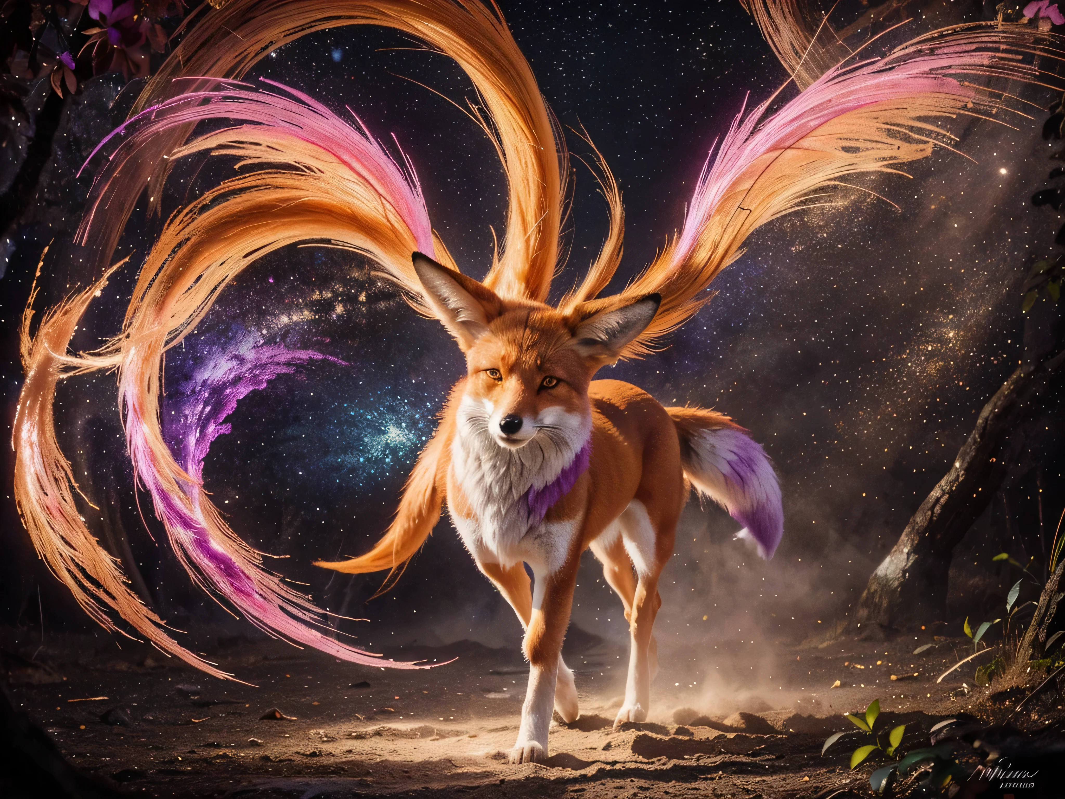 A kitsune with chromatic radiant fur, shimmering in hues of pink, purple, and gold, its nine tails gracefully waving in a watercolor painting. The main subject is a mythical fox spirit from Japanese folklore, depicted in a stunning piece of art. Every brush stroke is meticulously done, capturing the ethereal beauty of the creature in vivid detail. The colors blend seamlessly, creating a mesmerizing and enchanting image that transports viewers to a mystical realm.