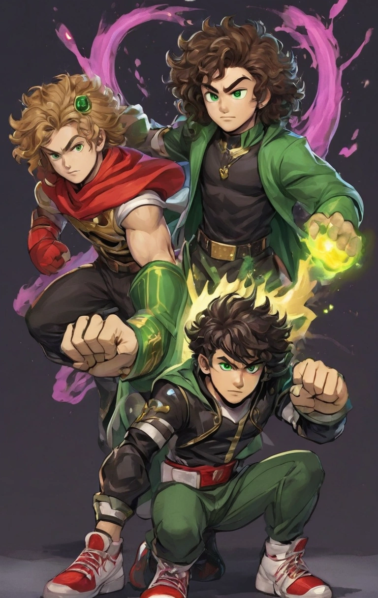 Draw four cartoon-style characters with dynamic, heroic poses. Each character should be outlined with thick, defined lines, using vibrant, saturated colors for a clean, crisp look:Character 1: A young hero with light brown hair in an expected style. He wears an open red jacket, white t-shirt with a red 'Z' in the center, black pants and red sneakers. He has his fists clenched, in a confident pose, ready for action. Character 2: A dark-skinned warrior with dark green curly hair. He wears a green kimono with a tied brown belt, white bands on his forearms and legs. He is in a fighting pose, with a serious expression, showing his determination.Character 3: A modern hero with black, curly hair. He wears a black mask with neon green details, a black t-shirt with a bright green spider symbol, and dark jeans with black and green sneakers. He is crouched in an attack pose, with his fists ready for action. Character 4: A humanoid bee character with a yellow face and mischievous expressions. He wears a crown with an emerald, a red cape, and his body is yellow with black stripes. He holds a large green diamond in one hand while displaying a confident smile. Make sure all the characters are together in a group, displaying their unique personalities with a vibrant and dynamic energy