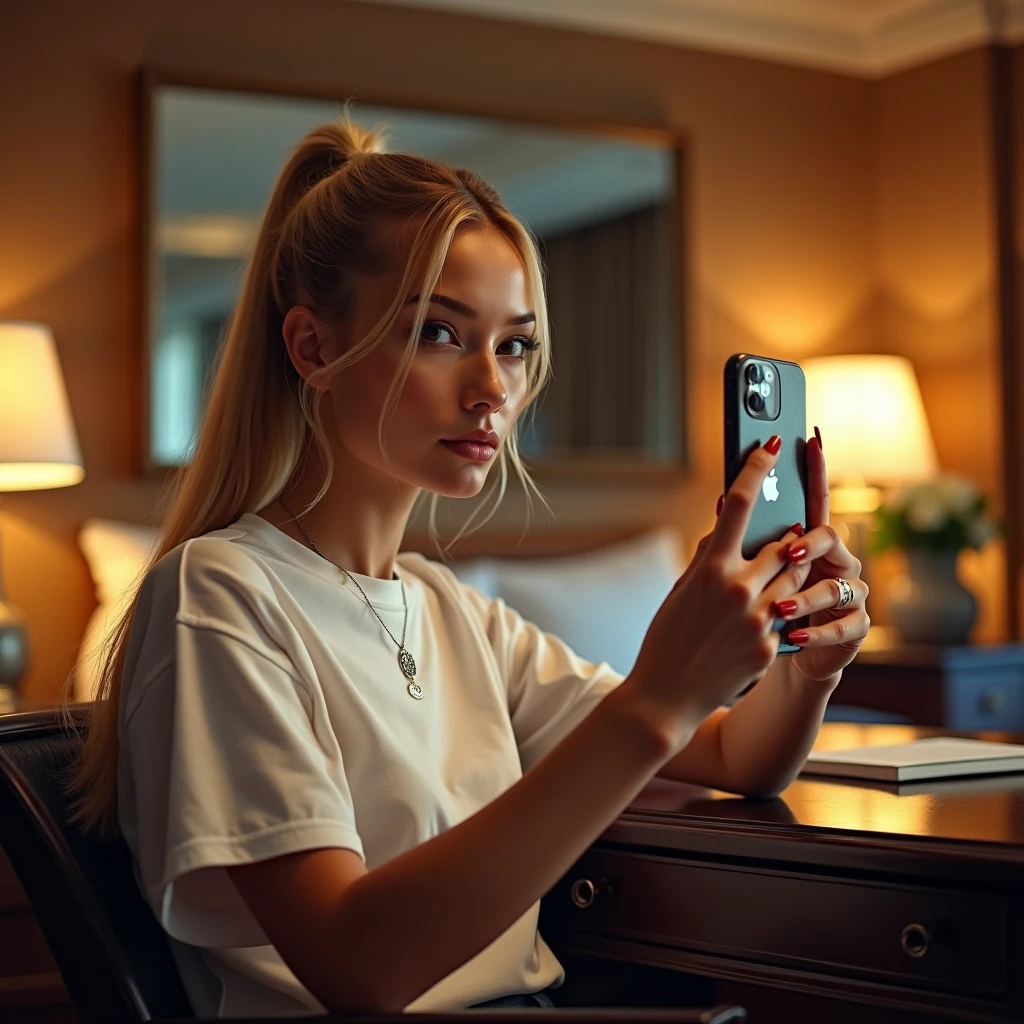Blonde bombshell , ponytail hair, wearing a large white tshirt, sitting on an office in a hotel room and taking a closeup selfie at night with iphone in front of the mirror .
