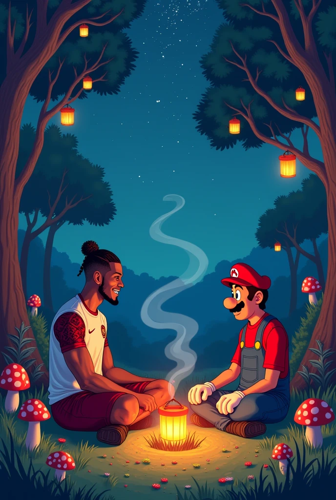 Mbappé, Kratos and Super Mario smoking marijuana in a circle of friends