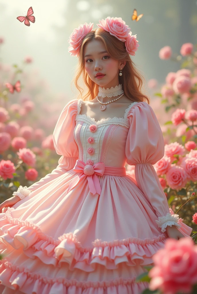 Strawberry and vanilla cake-style sweet lolita dress detailed with a high neck, sponge-padded and decorated bodice, long flowing sleeves and long skirt