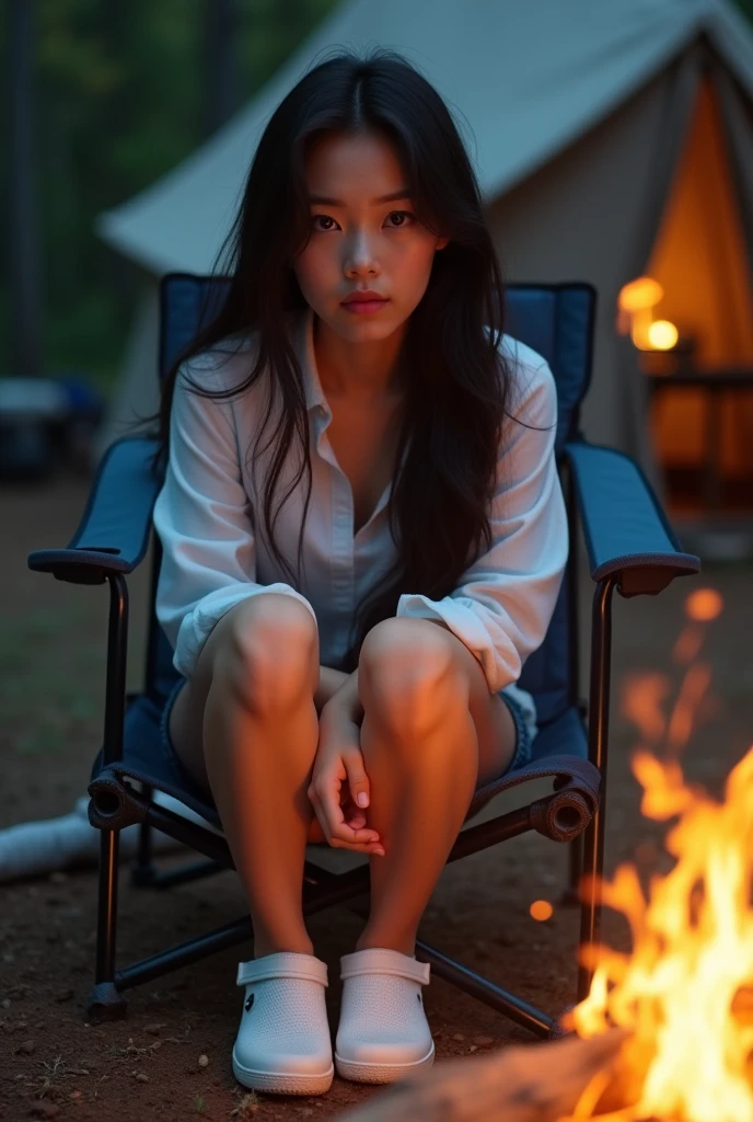 22 years old asian girl with long hair sit on the camp chair, brunette hair, full body, big boobs tent, campfire, white shirt, blue jean short, white crocs, some facial imperfections, beautiful girl, to frown, highly detailed face, real human, ultra detailed, (texture:1.1) (realism:1.1)