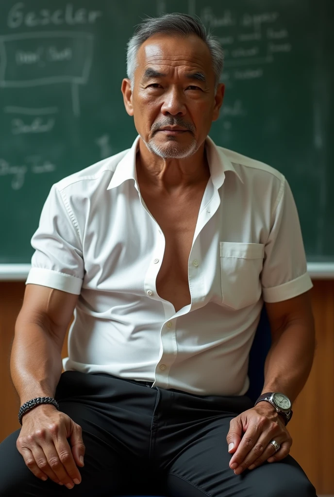 Vietnamese gentleman, 55 years old, stupid face,teacher,shiny tight clothes, tanned skin,Handsome and elegant, Wearing a  uniform, chubby man, Full body photo,(ultra-detailed, photorealistic, best quality, 4k, 8k, highres, masterpiece:1.3), a mature man, charming and distinguished , (muscular build body), wearing tailored shiny  dress shirt,  sweat, unbutton buttons shirt, lewd face ,tight chest, sex,See-through shirt, erotic, horny, , Accessories include a luxury wristwatch, in the Classroom‎,looking at viewer,muscle veins,no underwear ,Tight shirt makes muscle,unbutton,six pack,sitting on the lap of the gym teacher