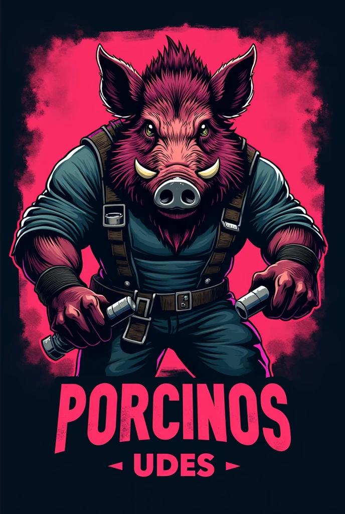 Logo for a team called pigs, which has an aggressive wild boar wearing mechanic clothes in the background with dark pink tones with the name PORCINOS UDES 