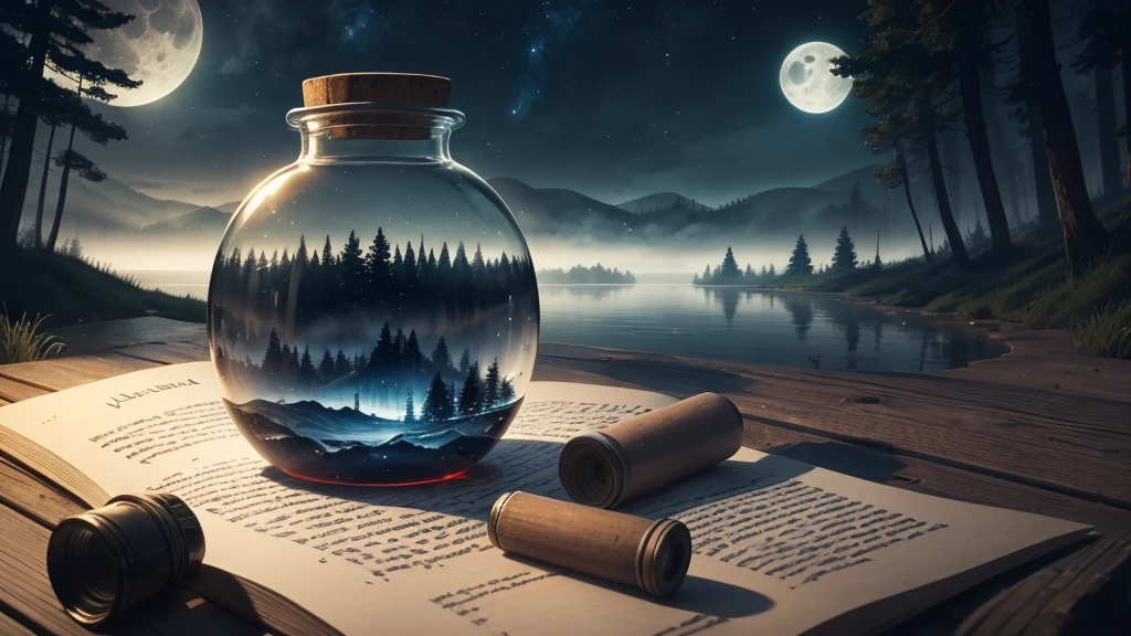 Letter inside a bottle in the lake, forest to the horizon, night sky, mist, atmospheric, full moon in the sky
