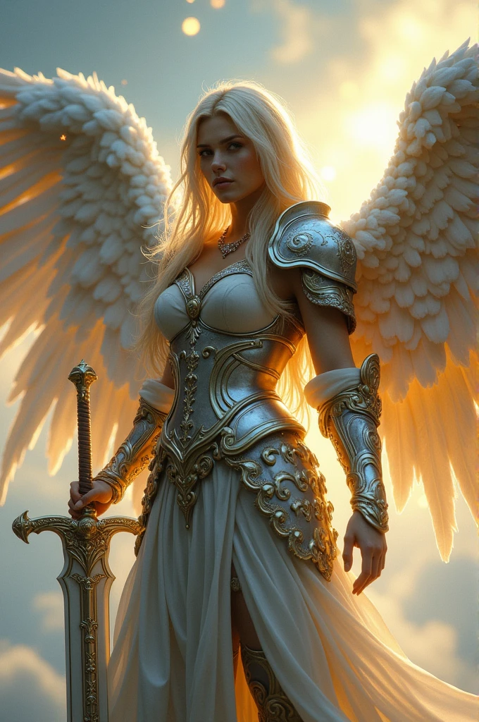 Angel warrior with wings holding a sword in a realm