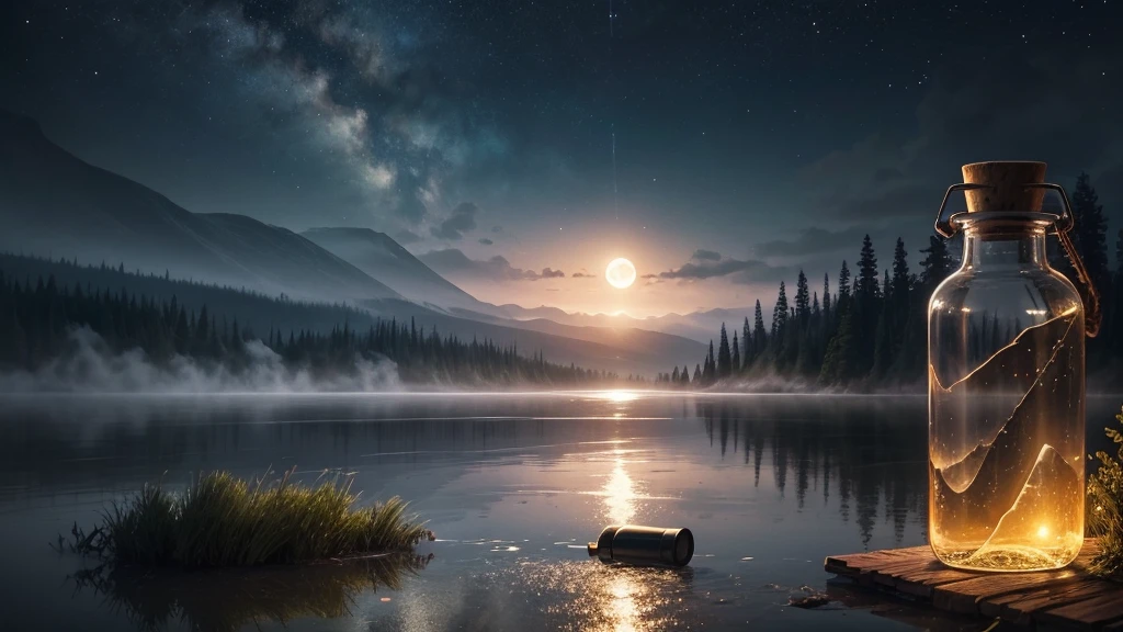 Letter inside a bottle in the lake, forest to the horizon, night sky, mist, atmospheric, full moon in the sky