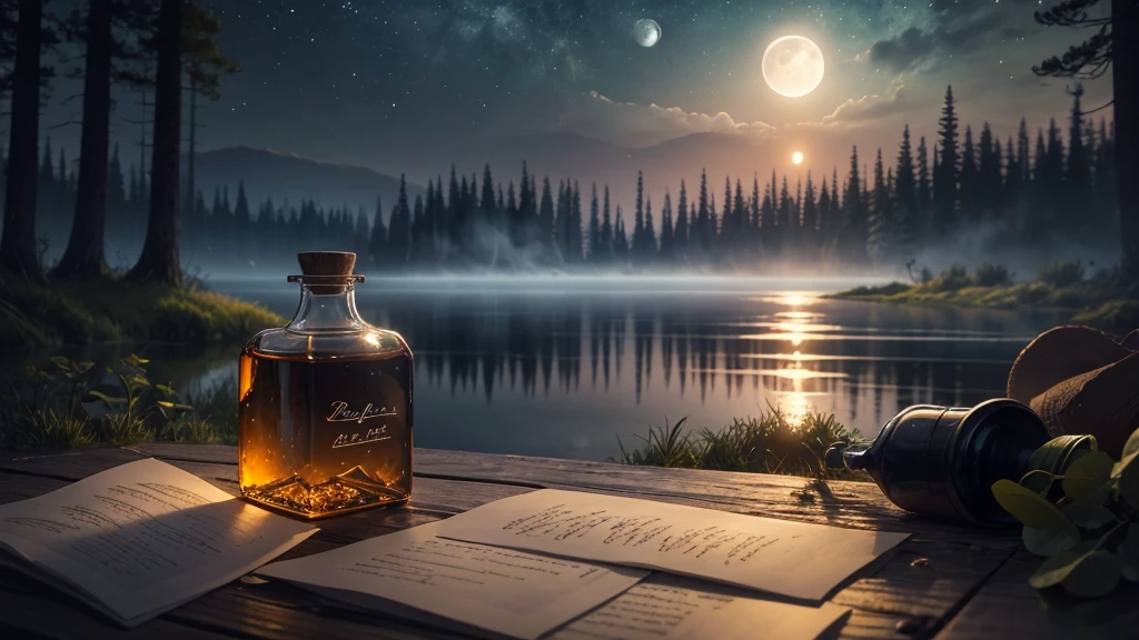 Letter inside a bottle in the lake, forest to the horizon, night sky, mist, atmospheric, full moon in the sky