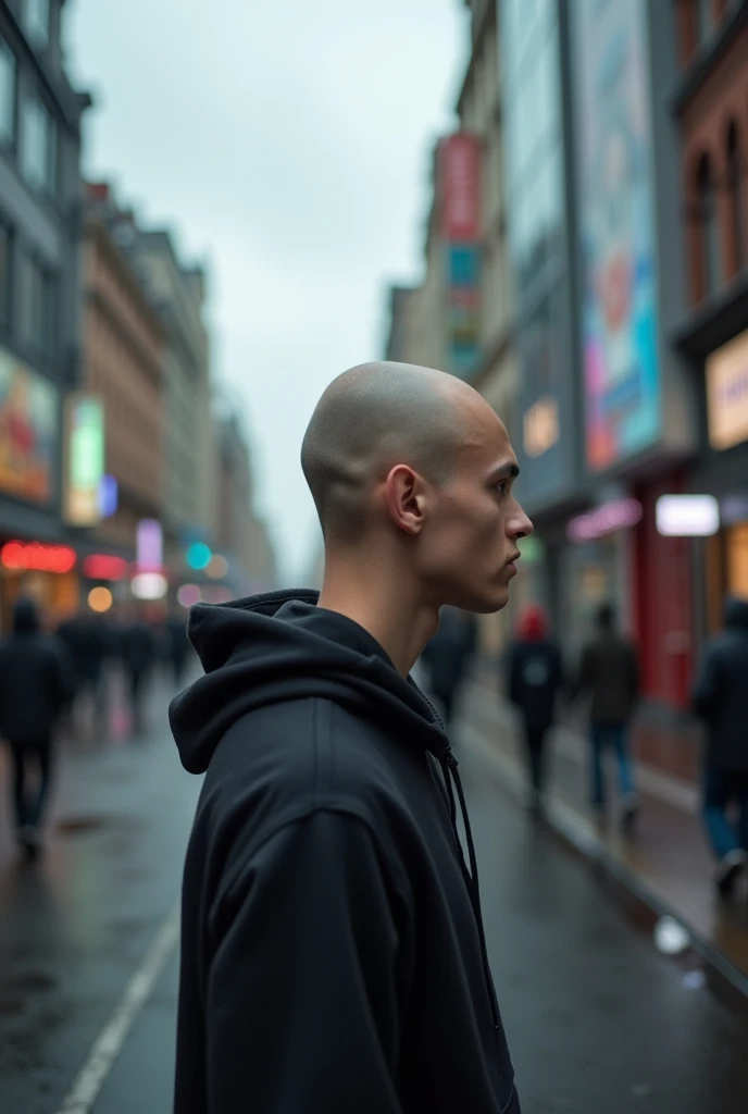 Bald student with his back to the cloudy street 