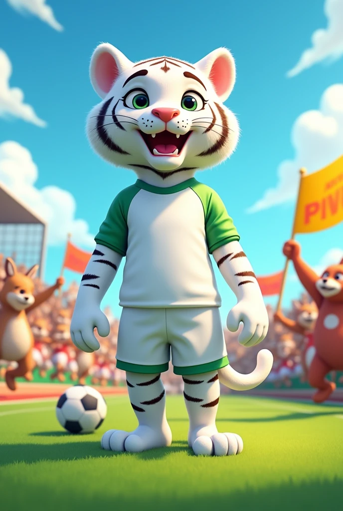 White female tiger wearing a white soccer uniform in a cartoon style