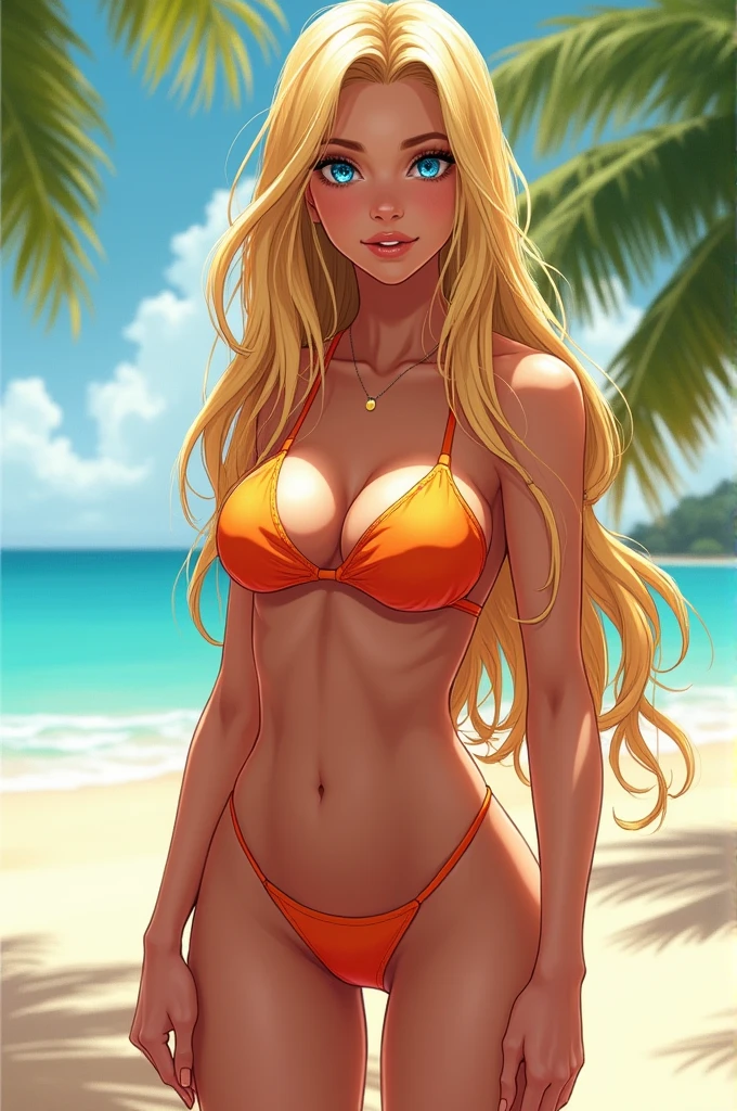 A female character with long blonde hair and blue eyes, with an extremely large bust, wearing a swimsuit.