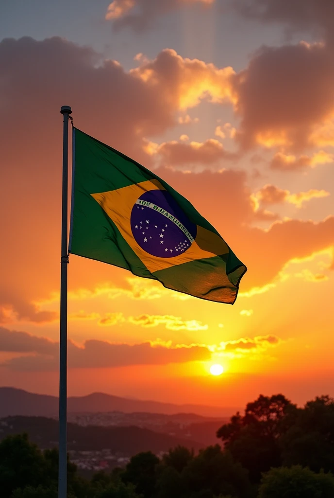 Brazilian flag with the sunset in the background
