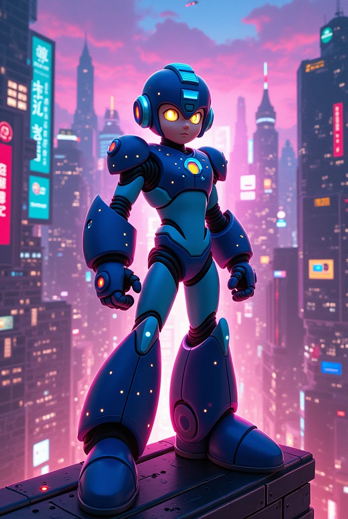 Mega Man inspired by Cyberpunk 2077 in the Cartoon style 