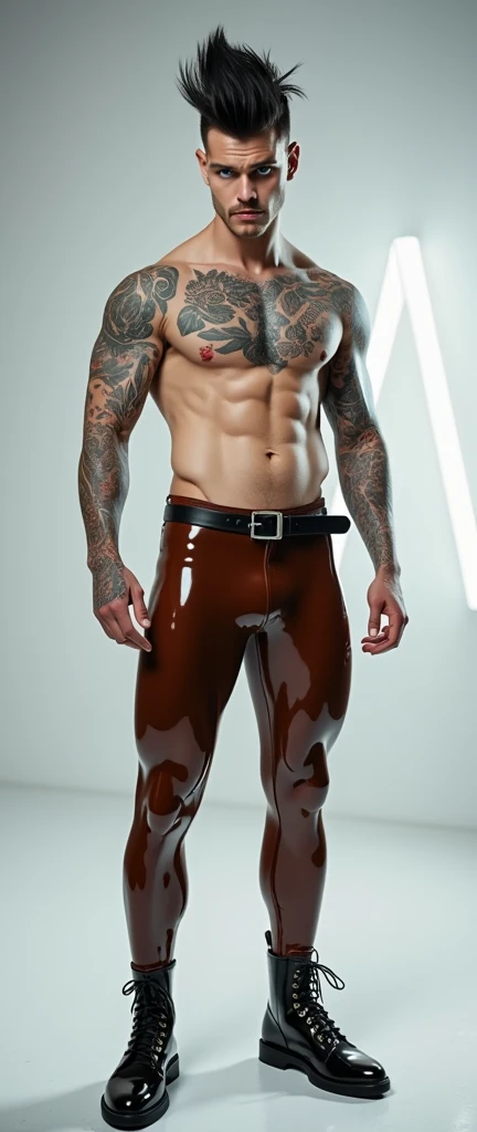 Fullbody standing picture of white skin Handsome muscular nude horny sexy gay man wearing skinny tight shiny brown latex ripped tights, shiny black Disconnected Pompadour oiled hair style, blue eyes, shiny varnished vinyl brown shoes, black belt, red lip, chain, tattoos, horny, cum shot, sperm, milking penis, very big penis, very big testicle, shiny oiled skin, orgasm, oversexed, masturbation, standing at white lighting show room.