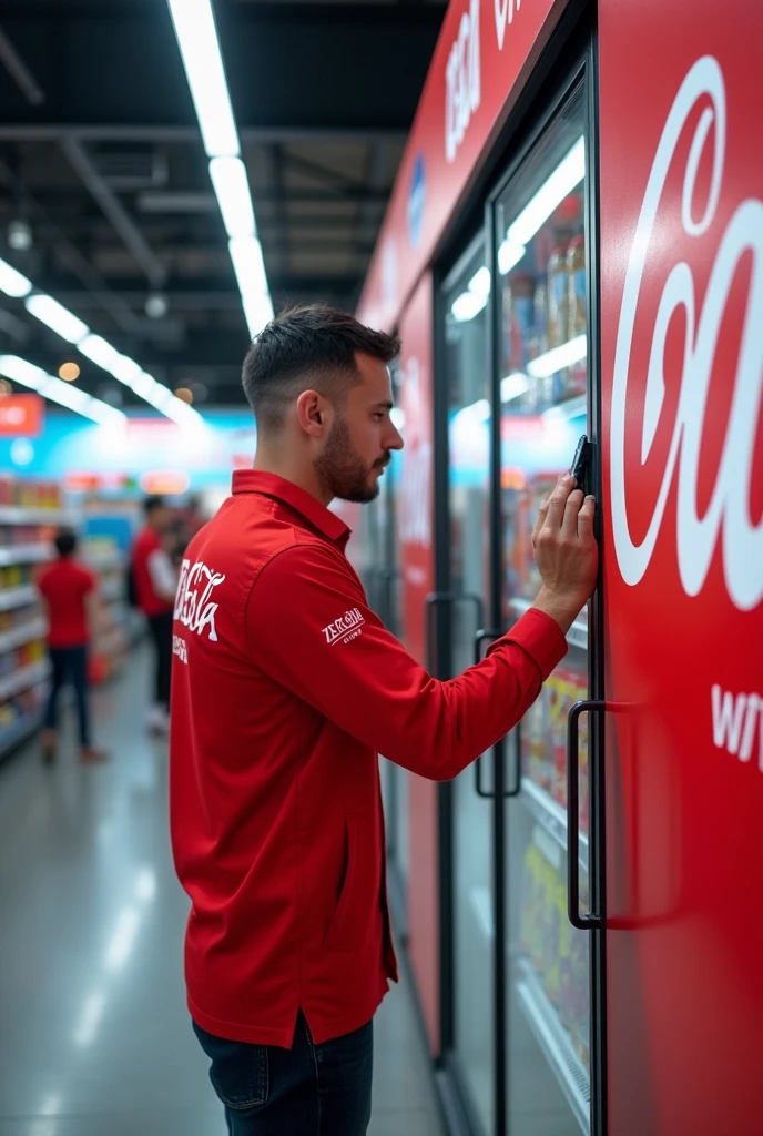 Man dressed in a uniform, red shirt from the ZEGESA advertising company, applying vinyl to cold equipment at Walmart with Coca-Cola advertising.
