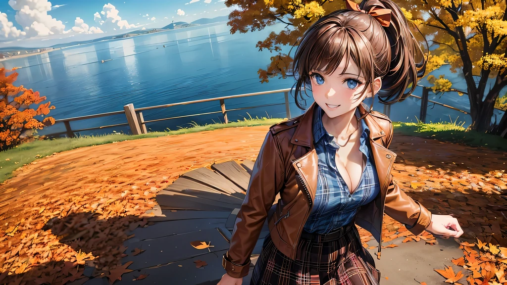 1girl, solo, trees, sun, clouds, autumn, colorful trees, falling leaves, ((brown hair)), ponytail, large breasts, ((brown leather jacket)), button down shirt, ((blue checked shirt)), ((unbuttoned shirt)), unbuttoning buttons, ((full cleavage)), blue eyes, long skirt, brown boots, smile, happy, looking at the viewer, walking, upper view, hair ribbon, golden necklate, earring