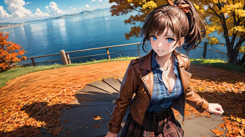 1girl, solo, trees, sun, clouds, autumn, colorful trees, falling leaves, ((brown hair)), ponytail, large breasts, ((brown leather jacket)), button down shirt, ((blue checked shirt)), ((unbuttoned shirt)), unbuttoning buttons, ((full cleavage)), blue eyes, long skirt, brown boots, smile, happy, looking at the viewer, walking, upper view, hair ribbon, golden necklate, earring