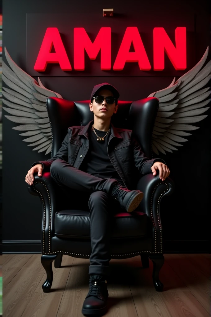 Create a 3d illusion for a Instagram profile picture where a boy in a black sits casually on a wingblack chair. Wearing sneakers, a black cricket cap, and sunglasses, he looks ahead. The background features 'AMAN' in big capital red fonts on the black wall. There should not be his shadow, and there are wings to make it appear as if he is an angle