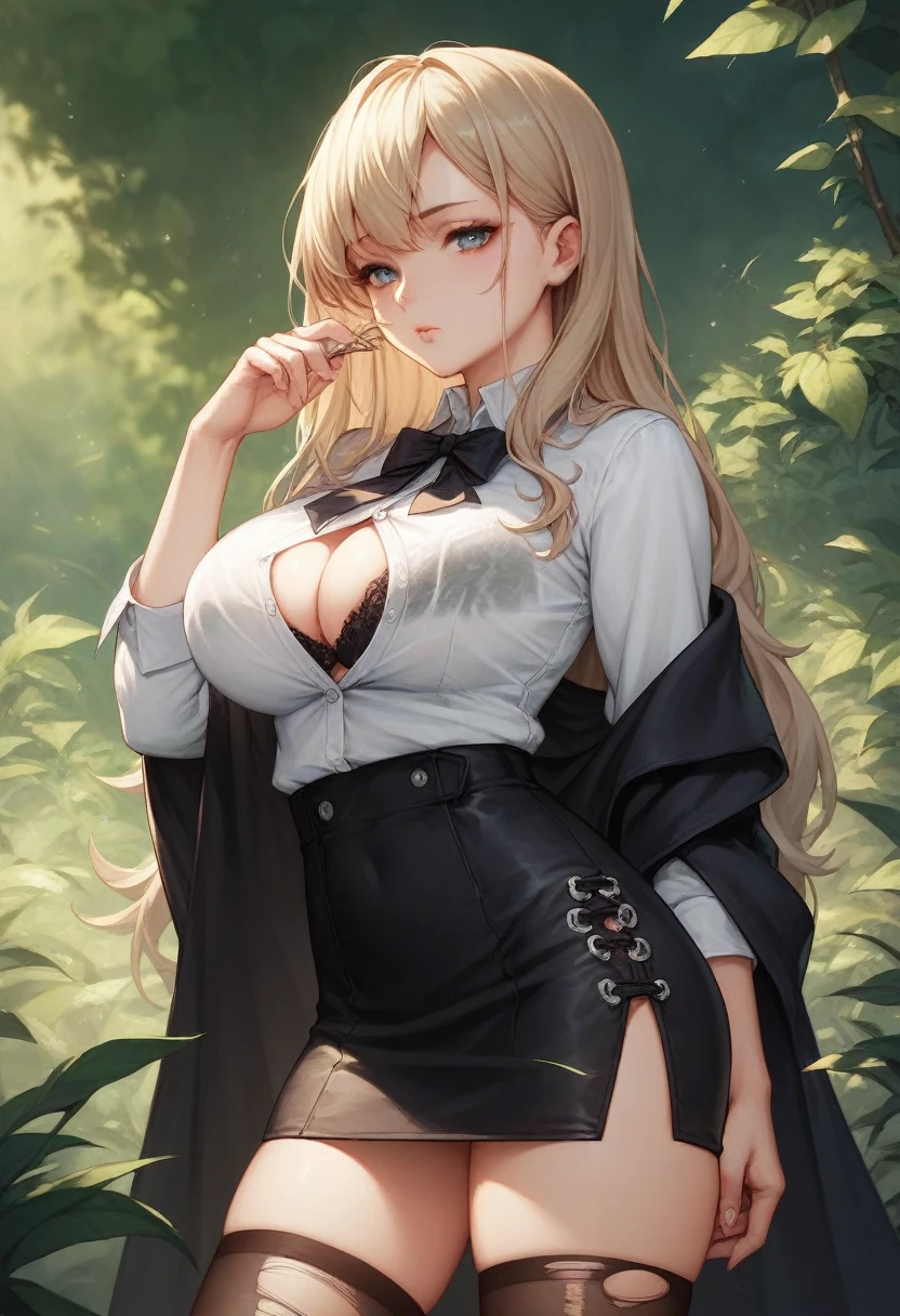 The founder of the world, the girl stands in the center of the hall, grandly raises her hand up and shouts, dark long hair, expressive eyes, sensitive mouth, delicate facial features, lush breasts, black cloak, white transparent blouse, through which a black bra is visible, mini skirt, torn stockings in places, Wellingtons, Maximum detail, highest resolution