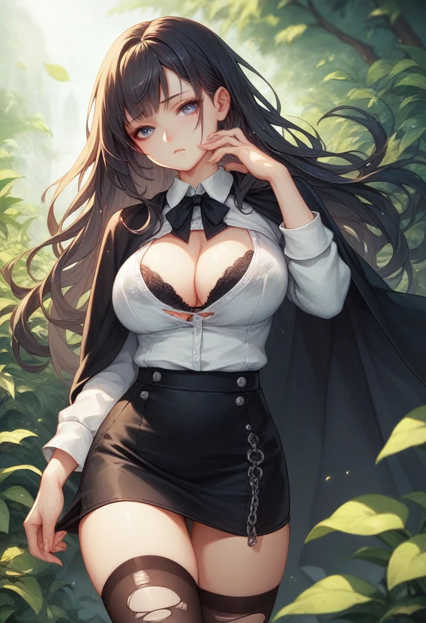 The founder of the world, the girl stands in the center of the hall, grandly raises her hand up and shouts, dark long hair, expressive eyes, sensitive mouth, delicate facial features, lush breasts, black cloak, white transparent blouse, through which a black bra is visible, mini skirt, torn stockings in places, Wellingtons, Maximum detail, highest resolution