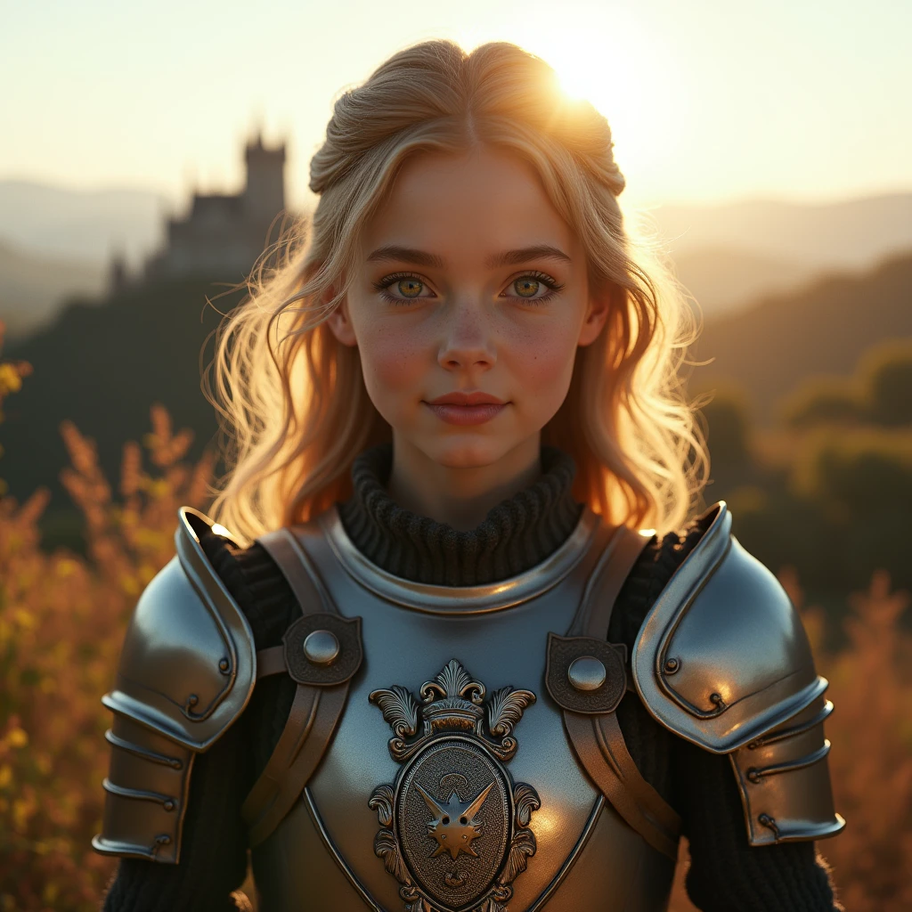 (masterpiece), (extremely intricate:1.3), (realistic), portrait of a girl, the most beautiful in the world, (medieval armor), metal reflections, full body, outdoors, intense sunlight, far away castle, professional photograph of a stunning woman detailed, sharp focus, dramatic, award winning, cinematic lighting, octane render  unreal engine,  volumetrics dtx, (film grain, blurry background, sharp foreground, bokeh, depth of field, sunset, motion blur:1.3), chainmail, looking at viewer