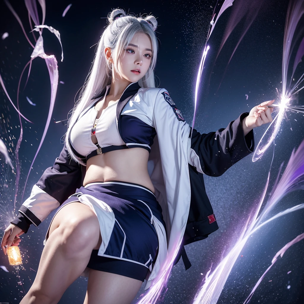 1 girl, Japanese clothing, hypdertailed ,White hair, purples eyes, magic circle, fire blue, Blue flames, wall-paper, paisaje, bloodstains, bloodstains splatter, Depth of field, natta, light particles, lightrays, side lighting, thicc thighs, Destiny \(Series\), impacto genshin, ****, open jacket, overskirt, thicc thighs, nube