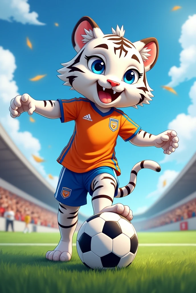 White female tiger with white hair and soccer uniform in cartoon style