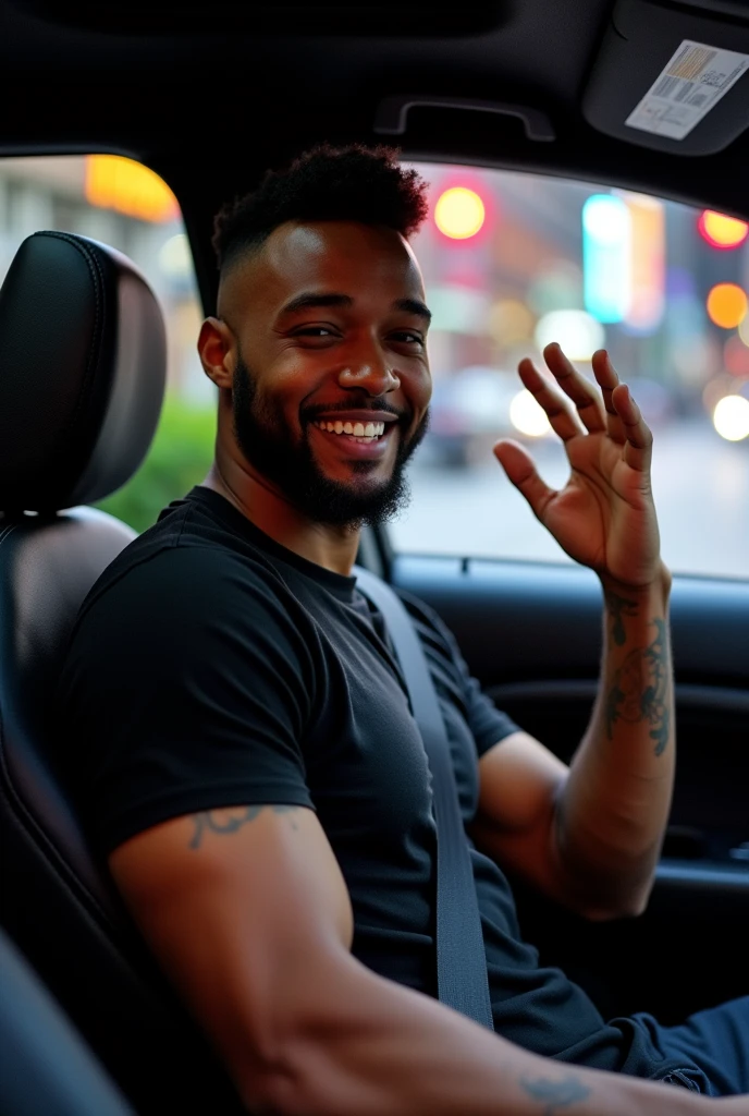 tall, dark-skinned man, low fade haircut, with a short goatee,
making a thank you gesture, sitting in the car seat like an Uber driver