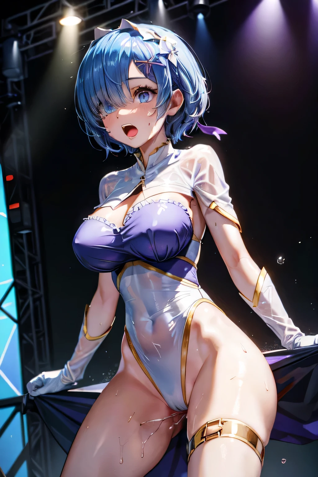short hair, x Hair accessories, Hair Ribbon,Hair on one eye,(masterpiece), (Browsing Caution), (Best image quality), (Very detailed), (Very detailed), (8k), Best image quality, (beautiful), (((Sex slave))), Meet Campbell, 1 girl, Ecstasy, Watery eye, Loosely open mouth, Heavy breathing, Dirty body, Sweaty, gloves, Leotard Purple Leotard, White leotard, A tight leotard, (((See-through chest))), Huge breasts, Are standing, Live Stage, Spread your legs, Dynamic Angle, Focus on the crotch,