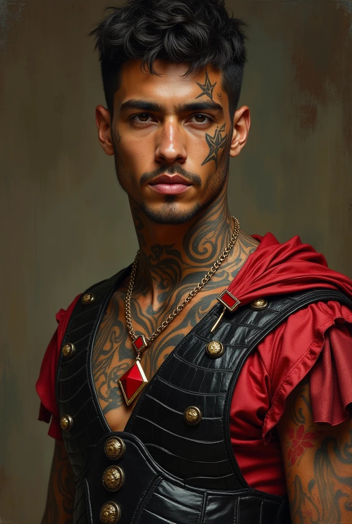 {{Masterpiece, best quality, oil painting, by Franz von Stuck, by James Tissot, male focus, muted colors}}, the composition is: (((((very dramatic half body portrait of a handsome 30 year old battlemage, sexy, brown skin, tan, confident, magnificent, tattooed, disheveled brown hair. Tattoos, His face is tattooed))))). ((((He is wearing a silken, black and red ancient Roman guard armor with ronin inspired elements, made of alligator leather and tortoise shell, he is wearing a red diamond shape pendant, and a golden moth badge)))).