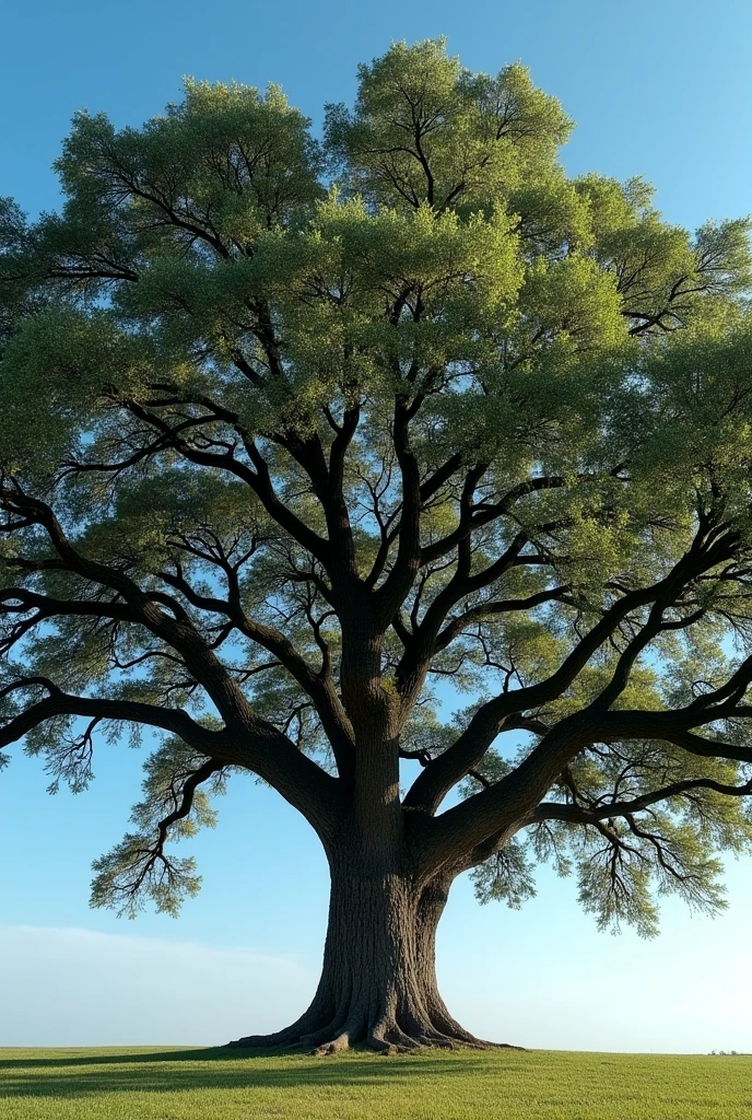 Create a large, realistic and not so colorful, with clear blue sky, tree that I can see entirely.