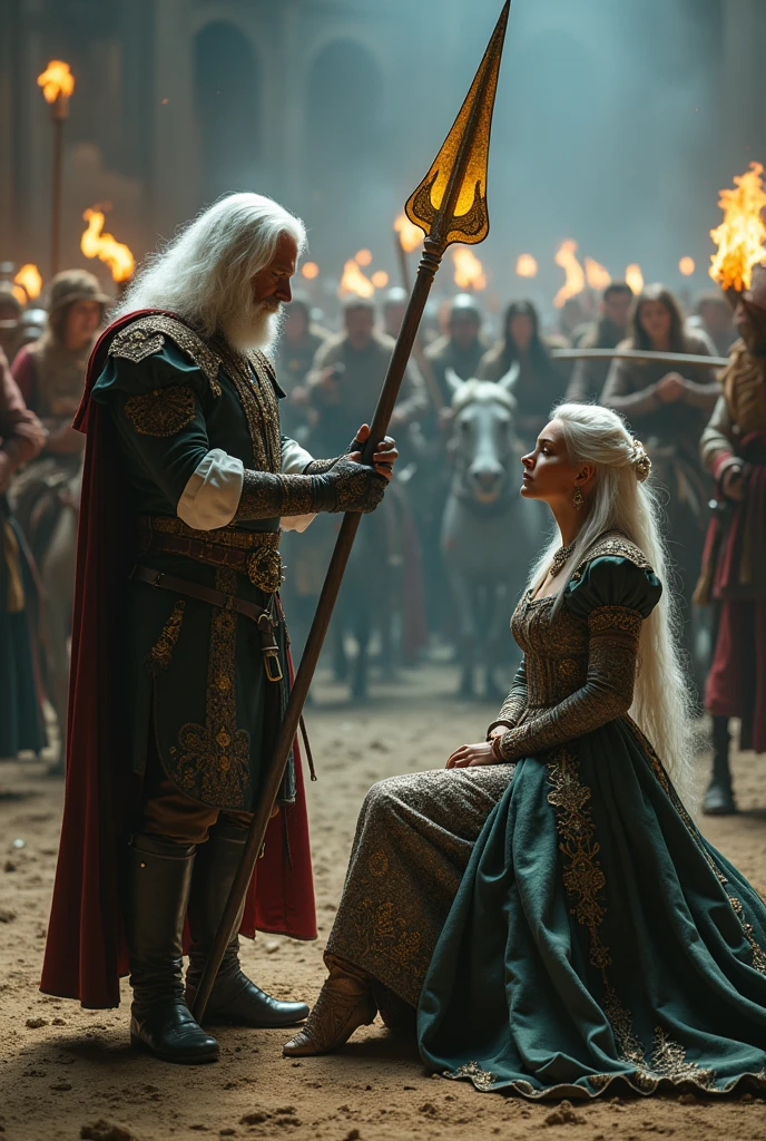 A striking and dramatic illustration of a medieval scene, where a white-haired man advances with a glowing spear, aiming to plunge it into the neck of a seated white-haired woman. Both the man and woman are adorned in ornate, fantastical medieval attire. The background showcases a bustling medieval tournament, with knights on horseback and spectators cheering. The atmosphere is intense, with shadows cast by the dim lighting adding a sense of tension and excitement., illustration