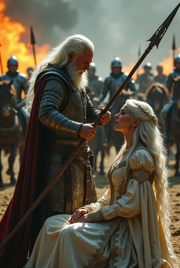 A striking and dramatic illustration of a medieval scene, where a white-haired man advances with a glowing spear, aiming to plunge it into the neck of a seated white-haired woman. Both the man and woman are adorned in ornate, fantastical medieval attire. The background showcases a bustling medieval tournament, with knights on horseback and spectators cheering. The atmosphere is intense, with shadows cast by the dim lighting adding a sense of tension and excitement., illustration