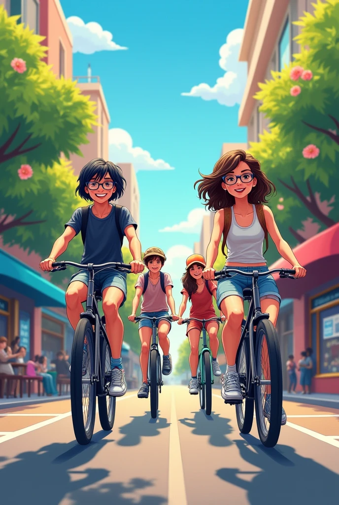 4 friends, one with straight black hair wearing glasses, one with short black hair , one with curly brown hair wearing glasses and one with medium straight brown hair wearing a cap,cycling in the city 