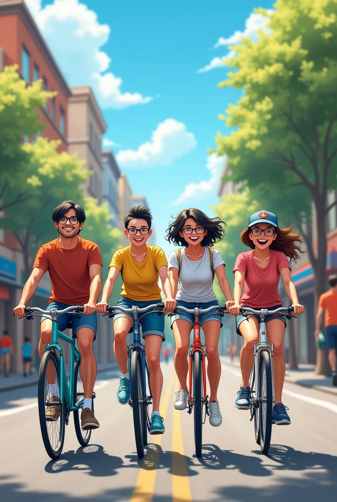 4 friends, one with straight black hair wearing glasses, one with short black hair , one with curly brown hair wearing glasses and one with medium straight brown hair wearing a cap,cycling in the city 