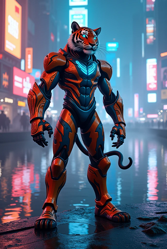 Humanoid Tiger in the style of MegaMan X, 4K, fully body, metal feathers on the arms, fund, lake in a futuristic cyber punk city, cyber punk. armors.