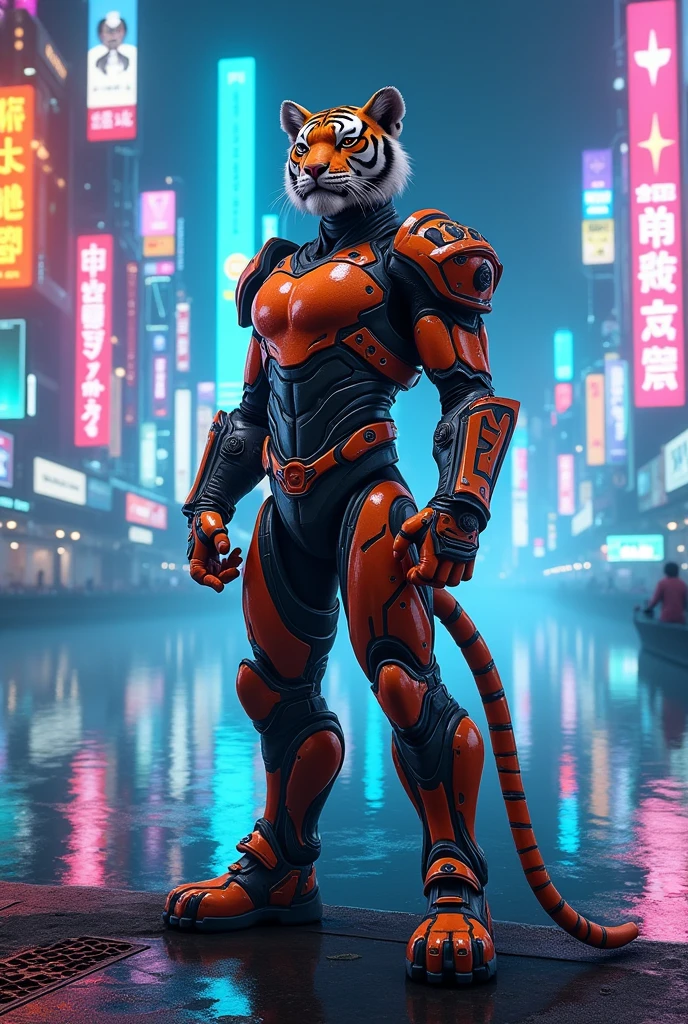Humanoid Tiger in the style of MegaMan X, 4K, fully body, metal feathers on the arms, fund, lake in a futuristic cyber punk city, cyber punk. armors.